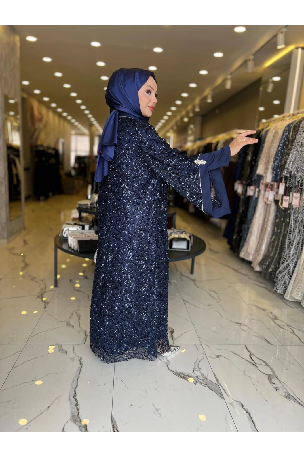 MATEKS-PUL DETAY ABAYA ELBİSE LACİVERT