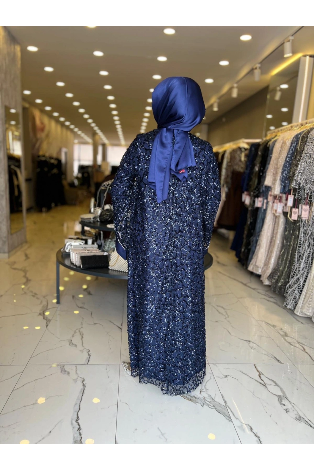 MATEKS-PUL DETAY ABAYA ELBİSE LACİVERT