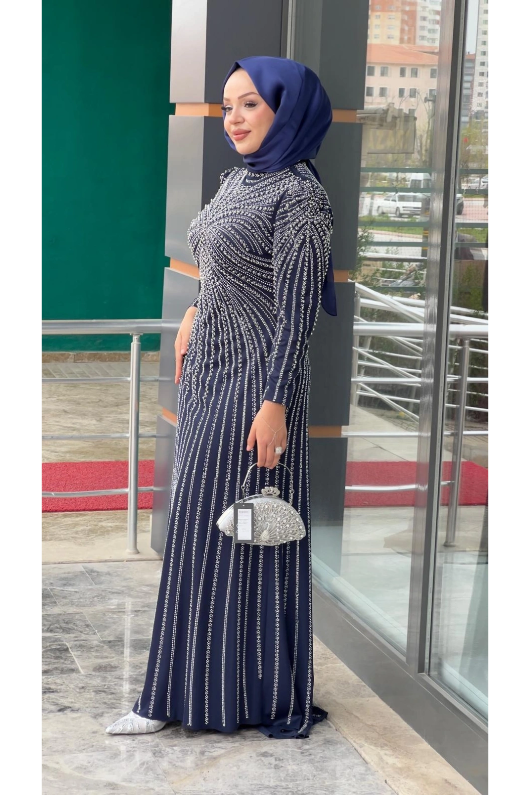 BEYOĞLU-BONCUK DETAYLI ABİYE ELBİSE LACİVERT