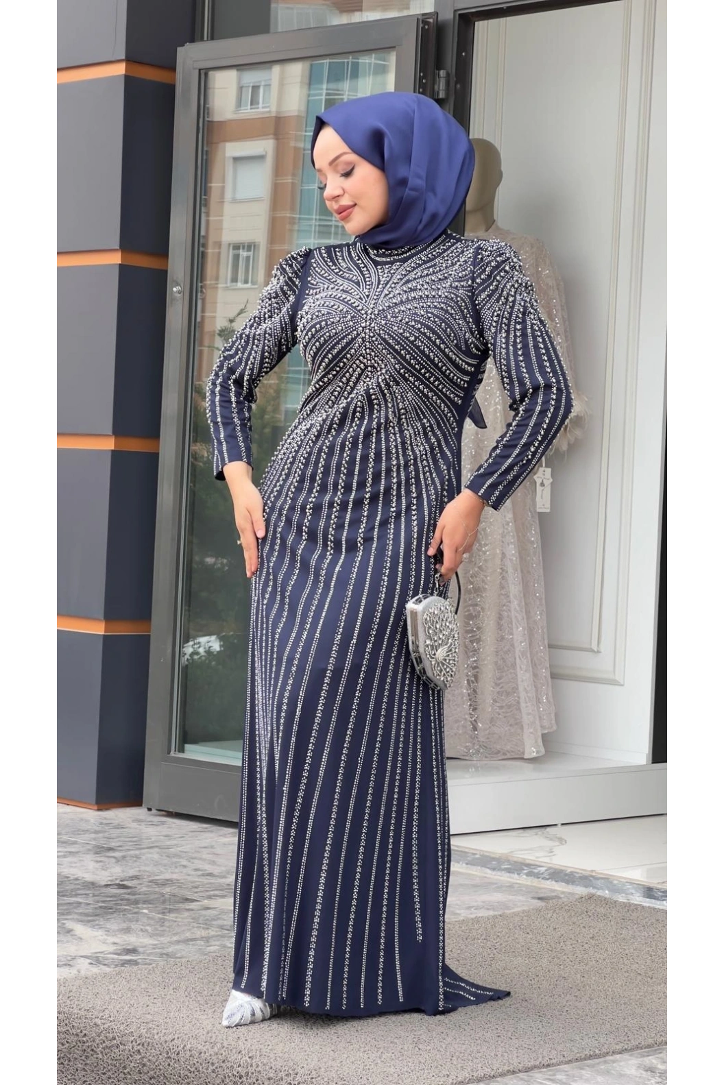 BEYOĞLU-BONCUK DETAYLI ABİYE ELBİSE LACİVERT