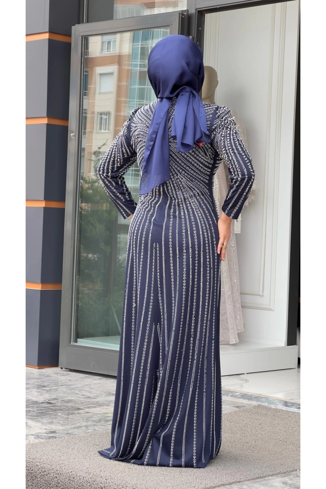 BEYOĞLU-BONCUK DETAYLI ABİYE ELBİSE LACİVERT
