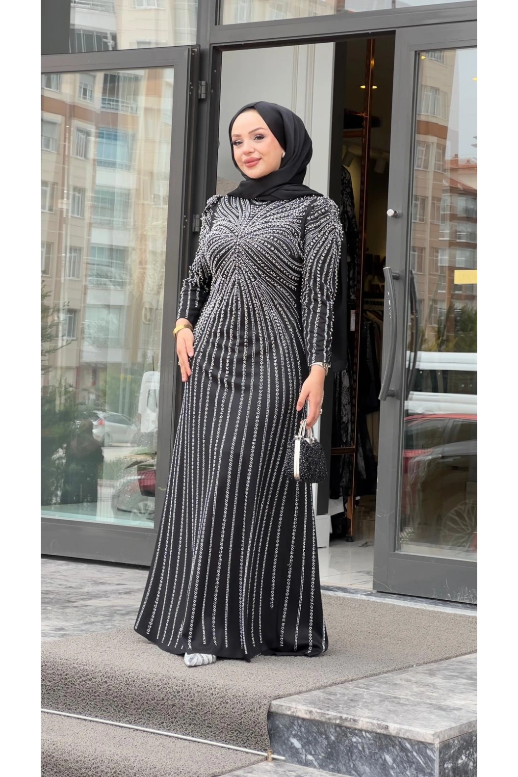 BEYOĞLU-BONCUK DETAYLI ABİYE ELBİSE SİYAH
