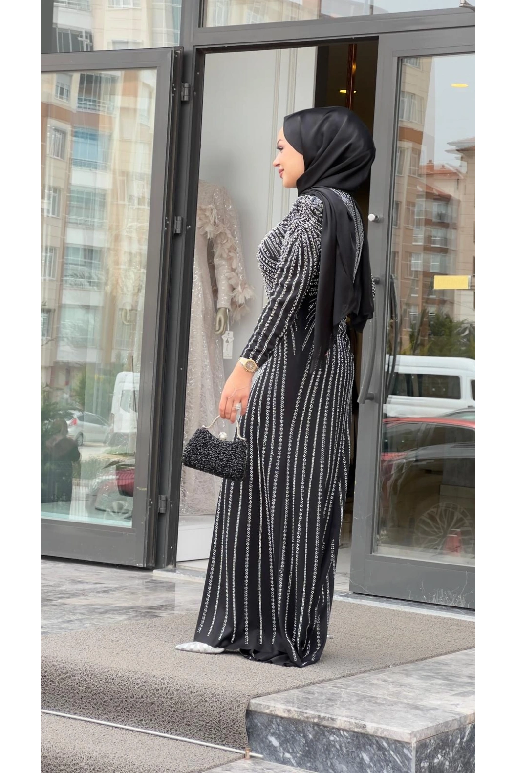 BEYOĞLU-BONCUK DETAYLI ABİYE ELBİSE SİYAH