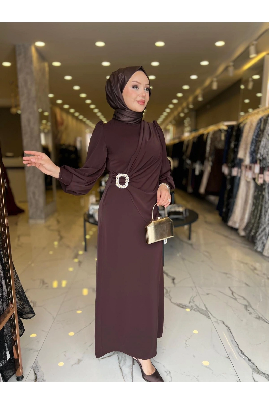 MATEKS-YANI TAŞLI ELBİSE KAHVE