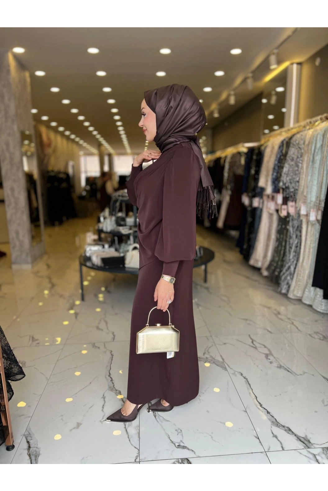 MATEKS-YANI TAŞLI ELBİSE KAHVE