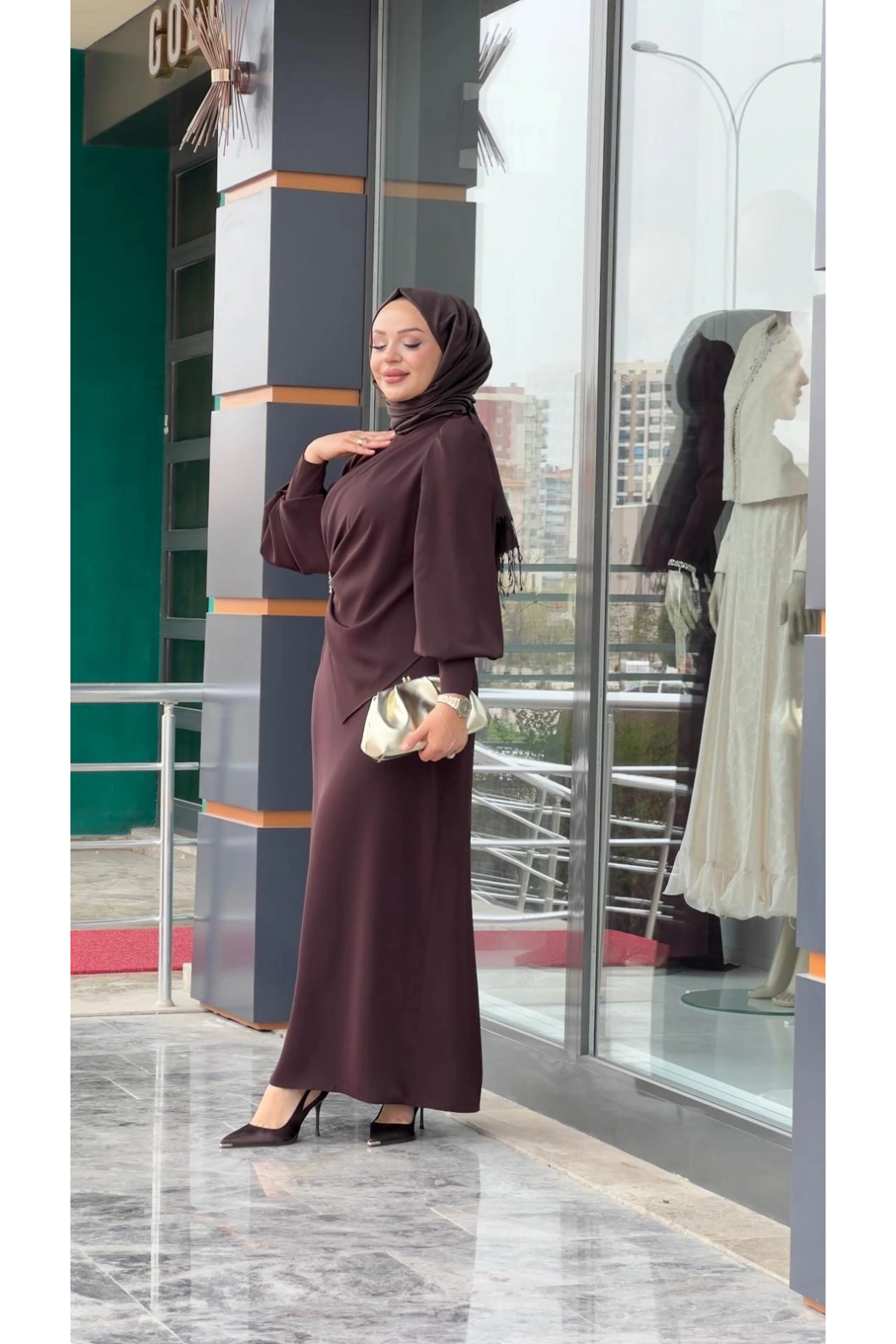 MATEKS-YANI TAŞLI ELBİSE KAHVE