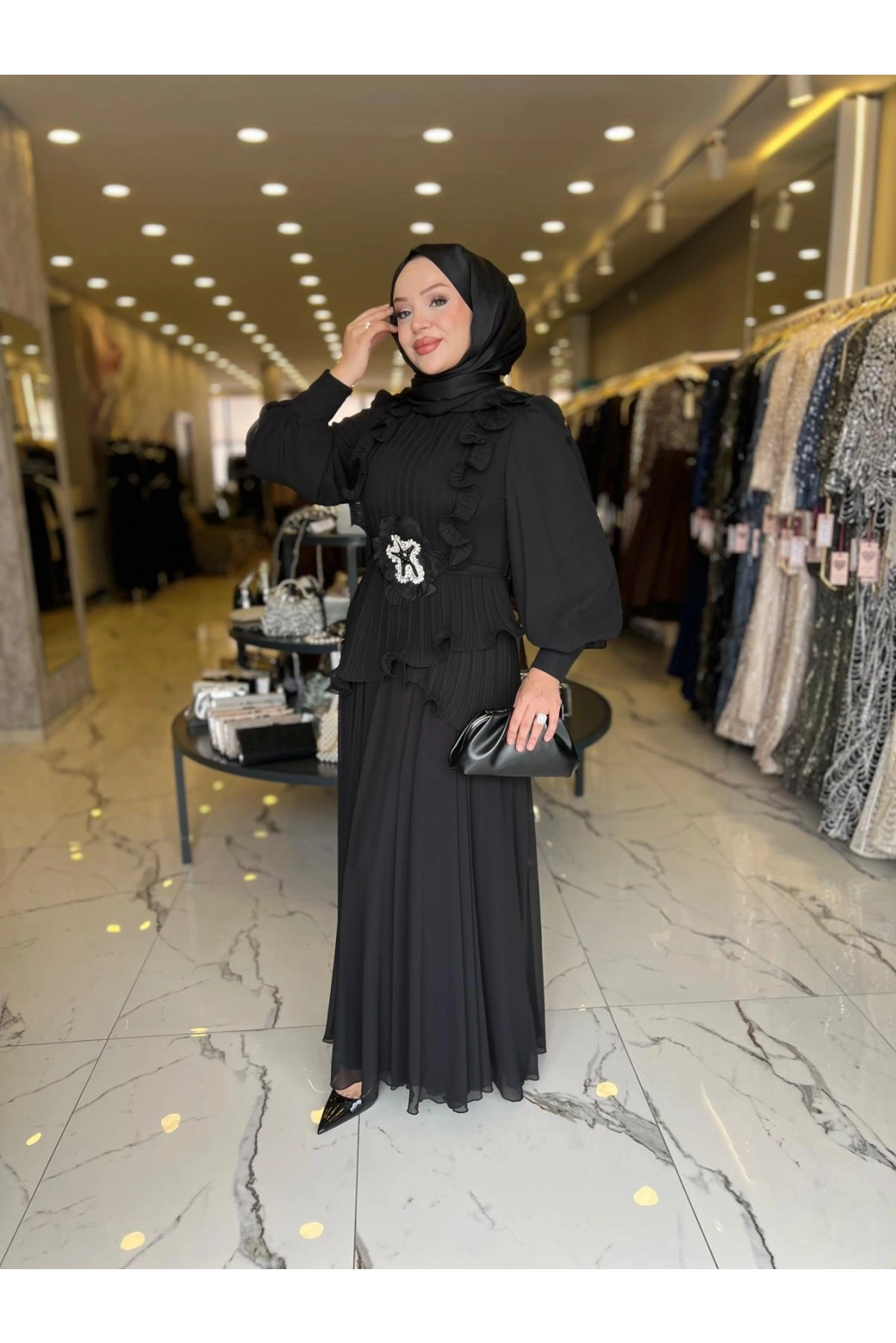 MATEKS-KEMERİ TAŞLI ELBİSE SİYAH