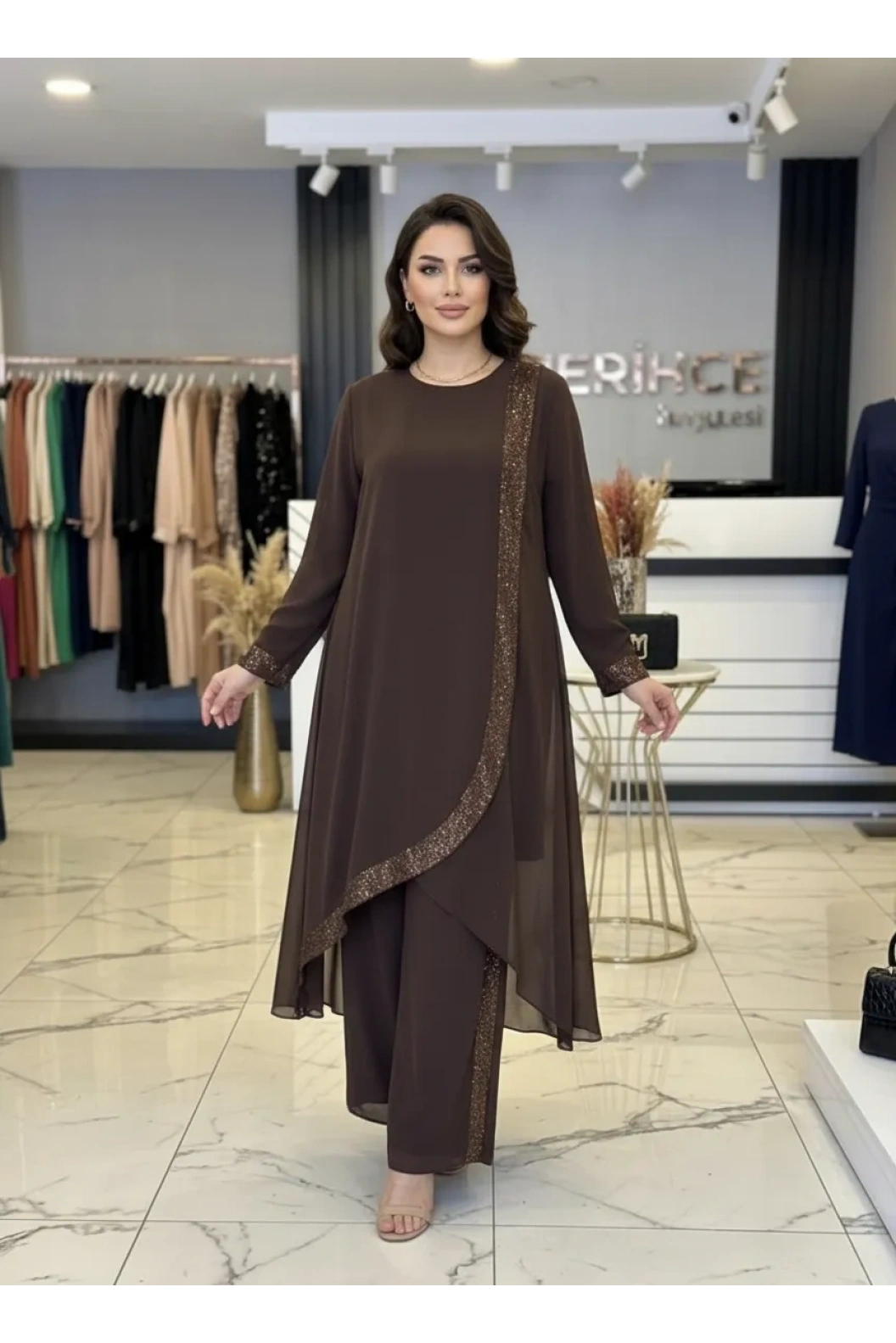 PERİ-BÜYÜK BEDEN PANTOLONLU TAKIM KAHVE