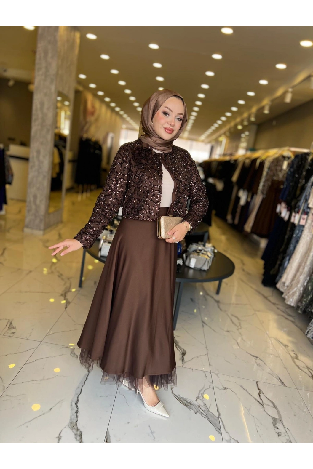 MATEKS-PAYETLİ CEKET ETEKLİ TAKIM KAHVE