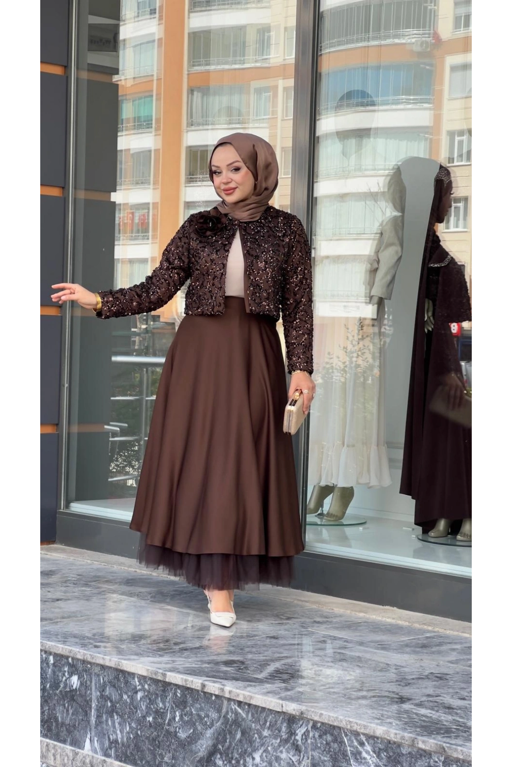 MATEKS-PAYETLİ CEKET ETEKLİ TAKIM KAHVE