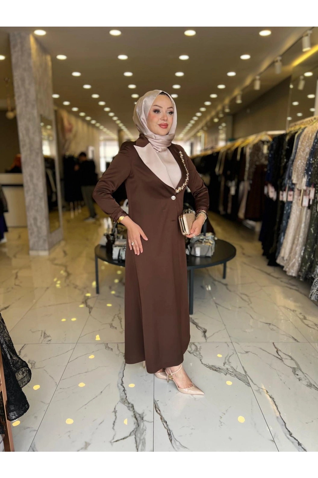 MATEKS-CEKETLİ ELBİSELİ TAKIM KAHVE