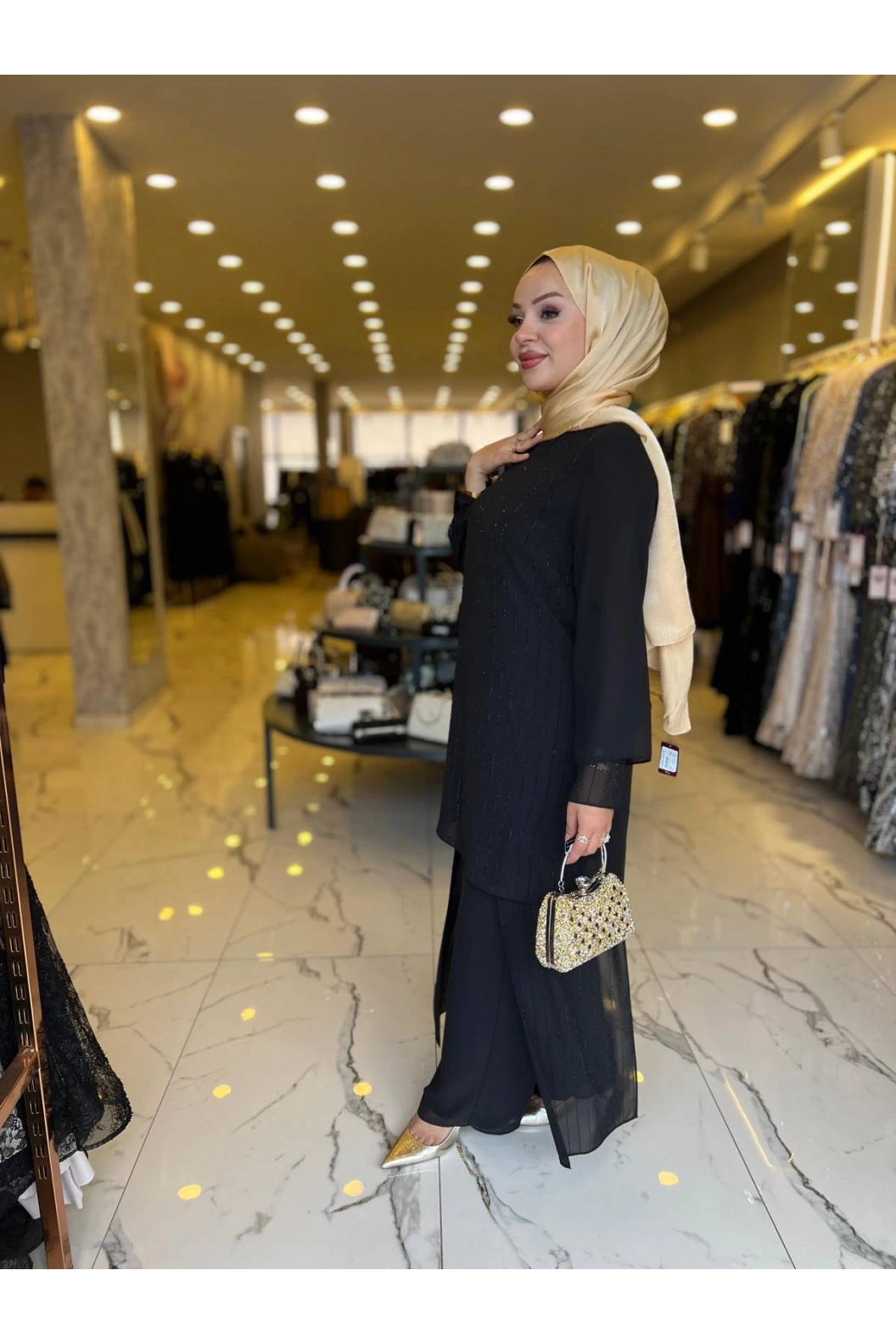 PERİ-ŞİFON TAŞLI PATOLONLU TAKIM SİYAH