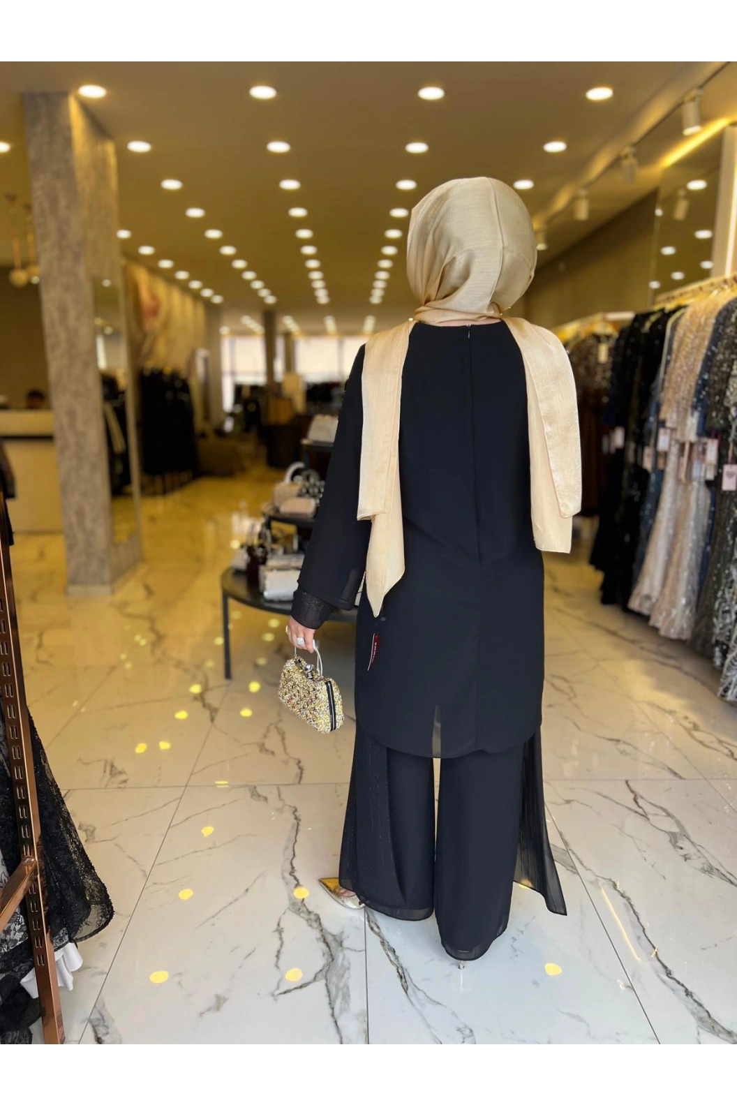 PERİ-ŞİFON TAŞLI PATOLONLU TAKIM SİYAH