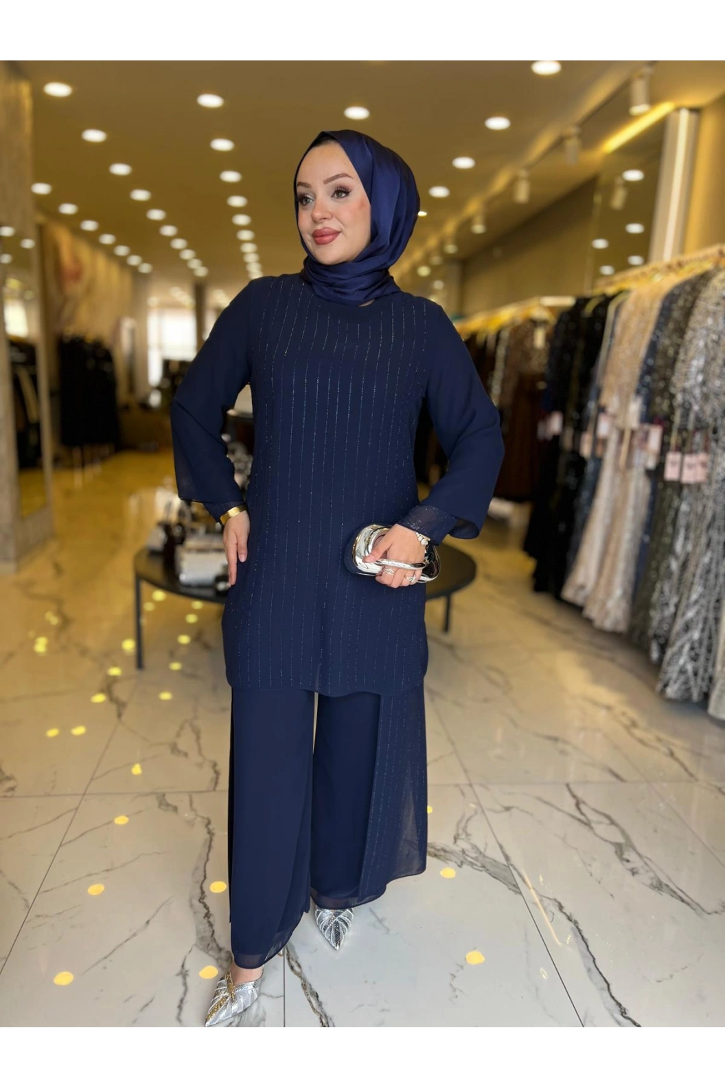PERİ-ŞİFON TAŞLI PATOLONLU TAKIM LACİVERT