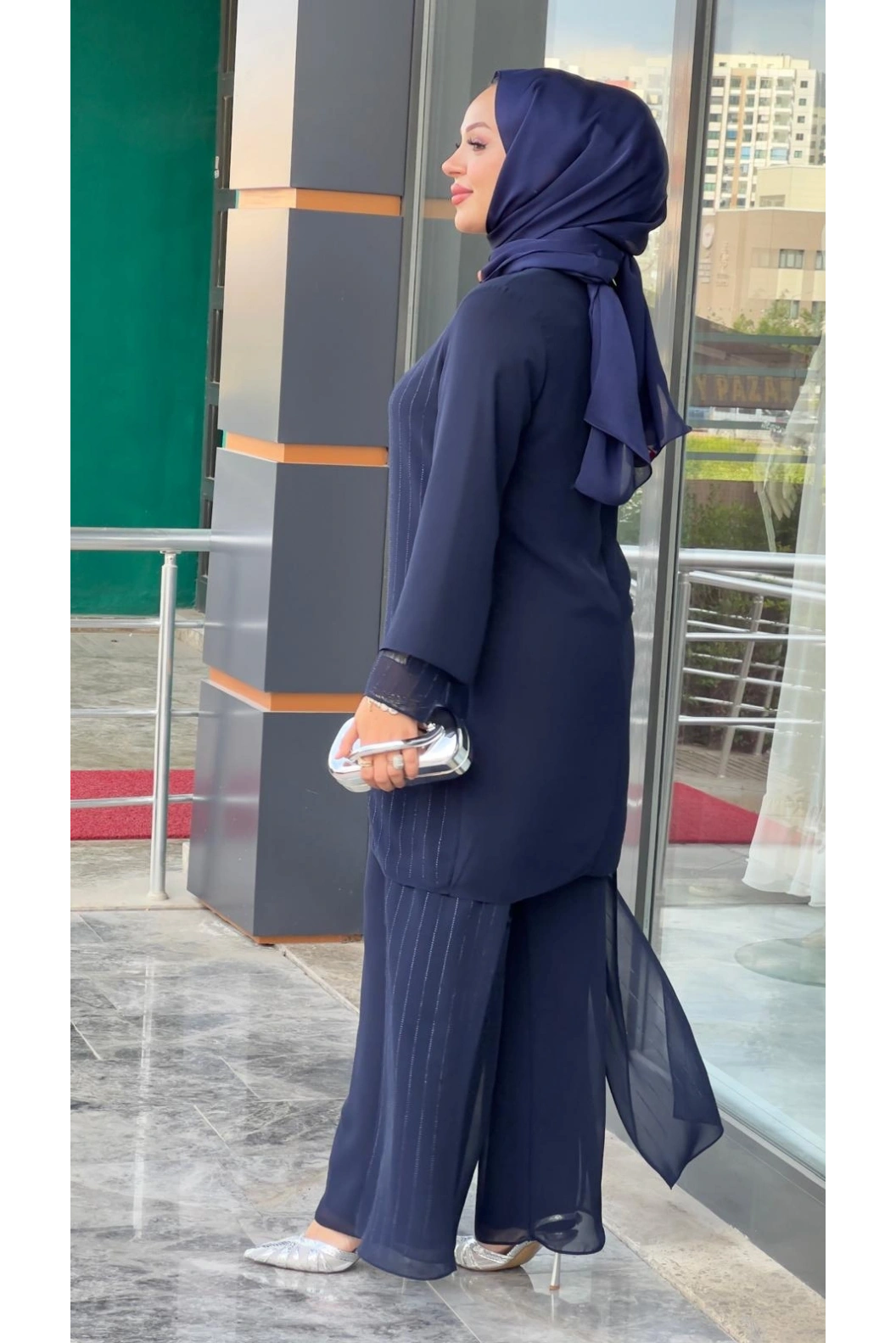 PERİ-ŞİFON TAŞLI PATOLONLU TAKIM LACİVERT