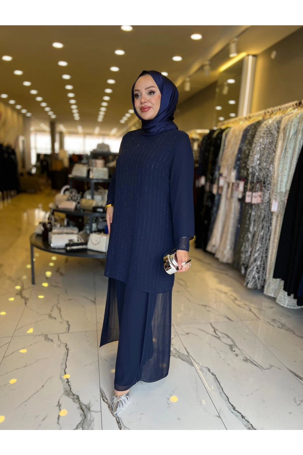 PERİ-ŞİFON TAŞLI PATOLONLU TAKIM LACİVERT