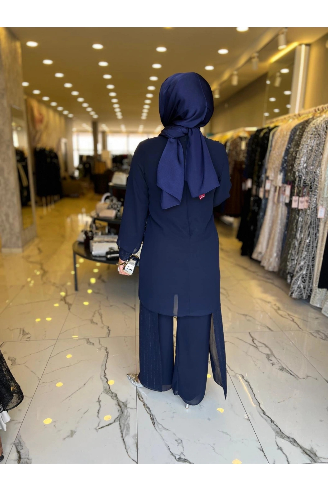 PERİ-ŞİFON TAŞLI PATOLONLU TAKIM LACİVERT