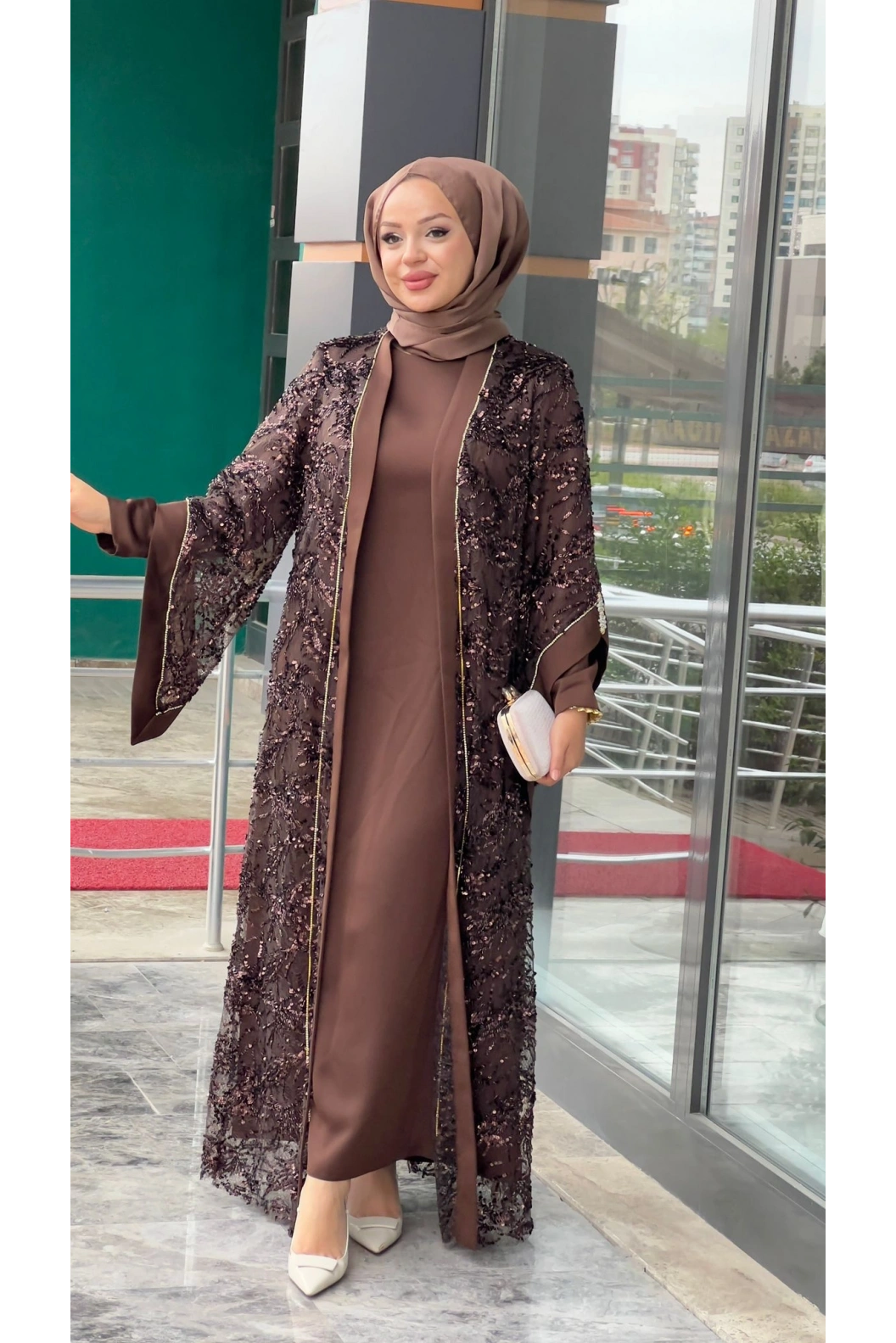 MATEKS-PUL DETAY ABAYA ELBİSE ACI KAHVE