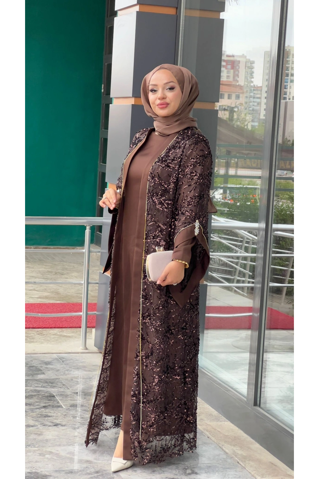 MATEKS-PUL DETAY ABAYA ELBİSE ACI KAHVE