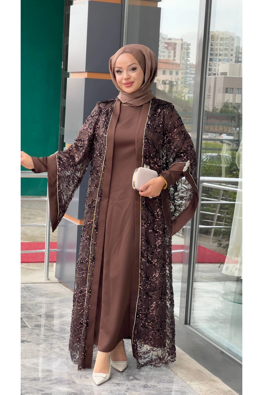 MATEKS-PUL DETAY ABAYA ELBİSE ACI KAHVE