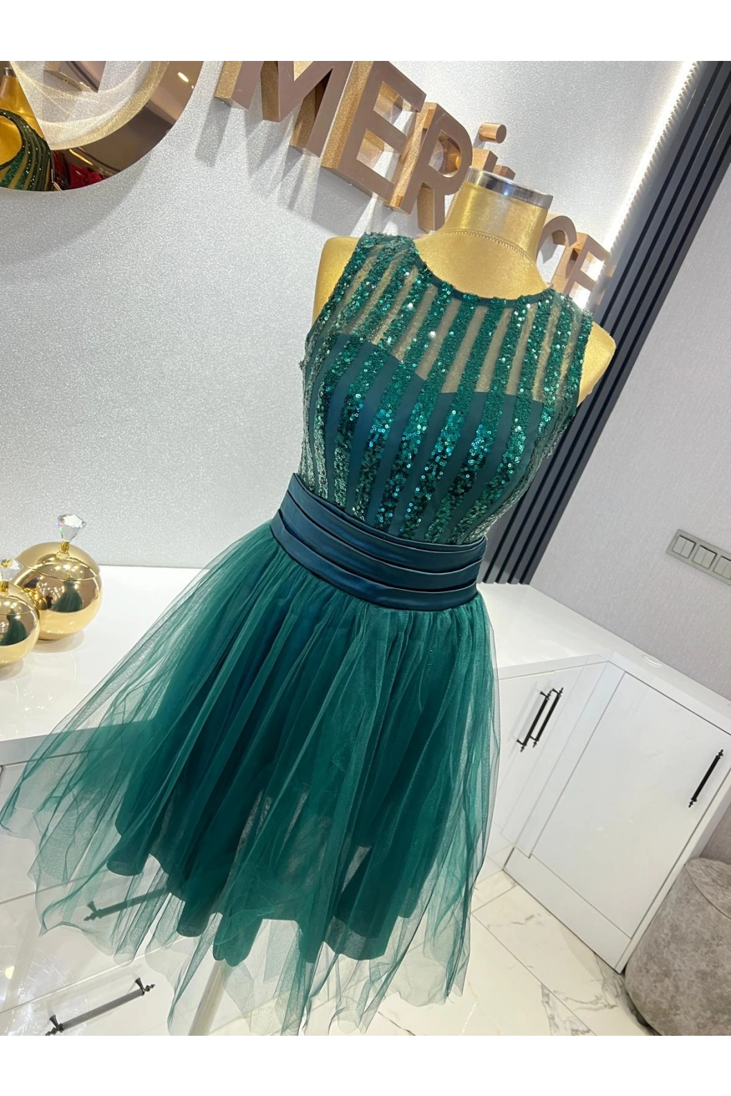 ARİN-PULLU TÜL ETEKLİ MİNİ ELBİSE YEŞİL