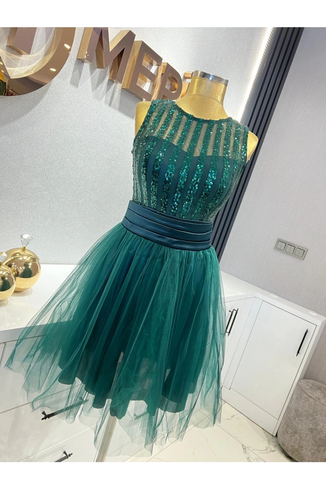 ARİN-PULLU TÜL ETEKLİ MİNİ ELBİSE YEŞİL