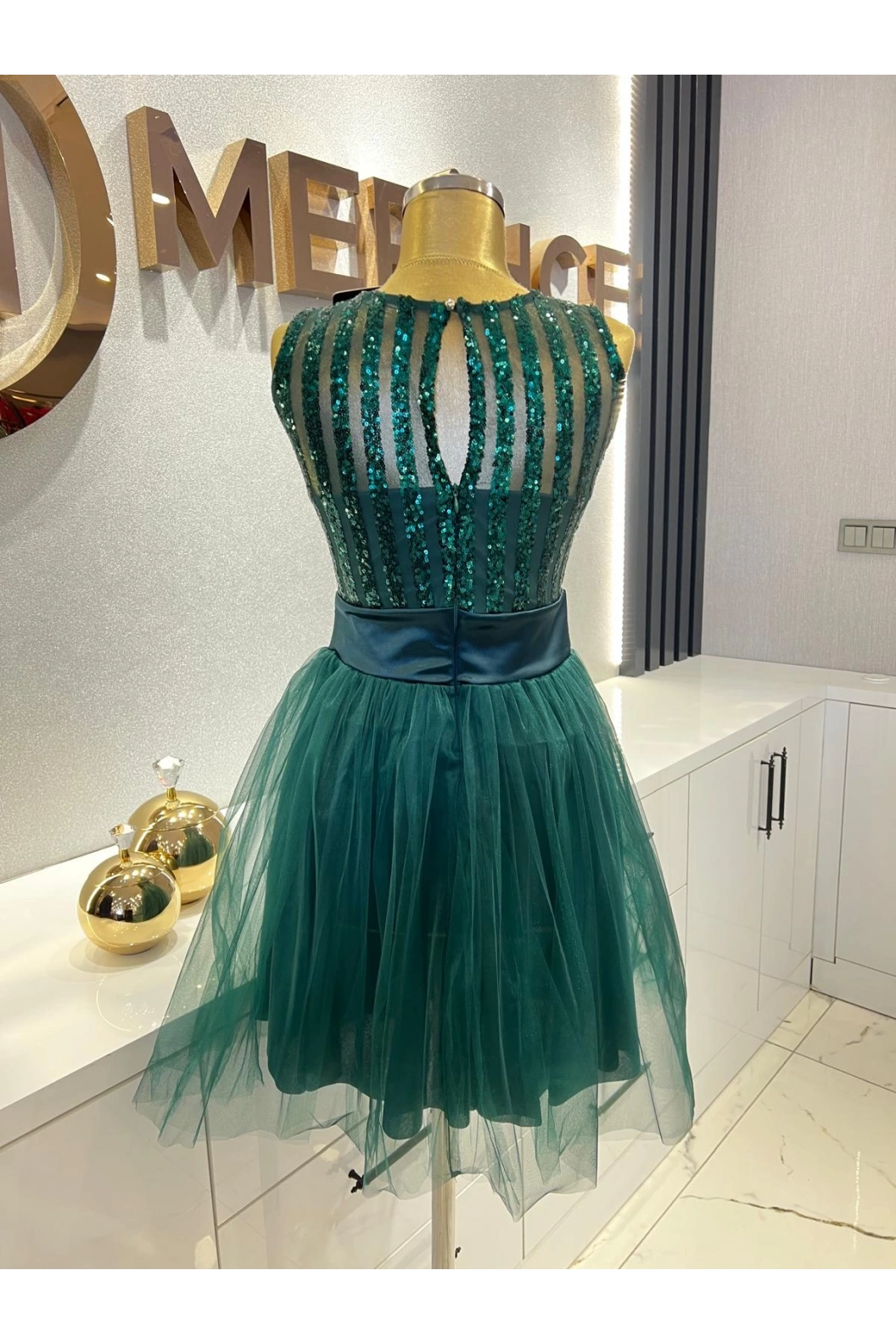 ARİN-PULLU TÜL ETEKLİ MİNİ ELBİSE YEŞİL