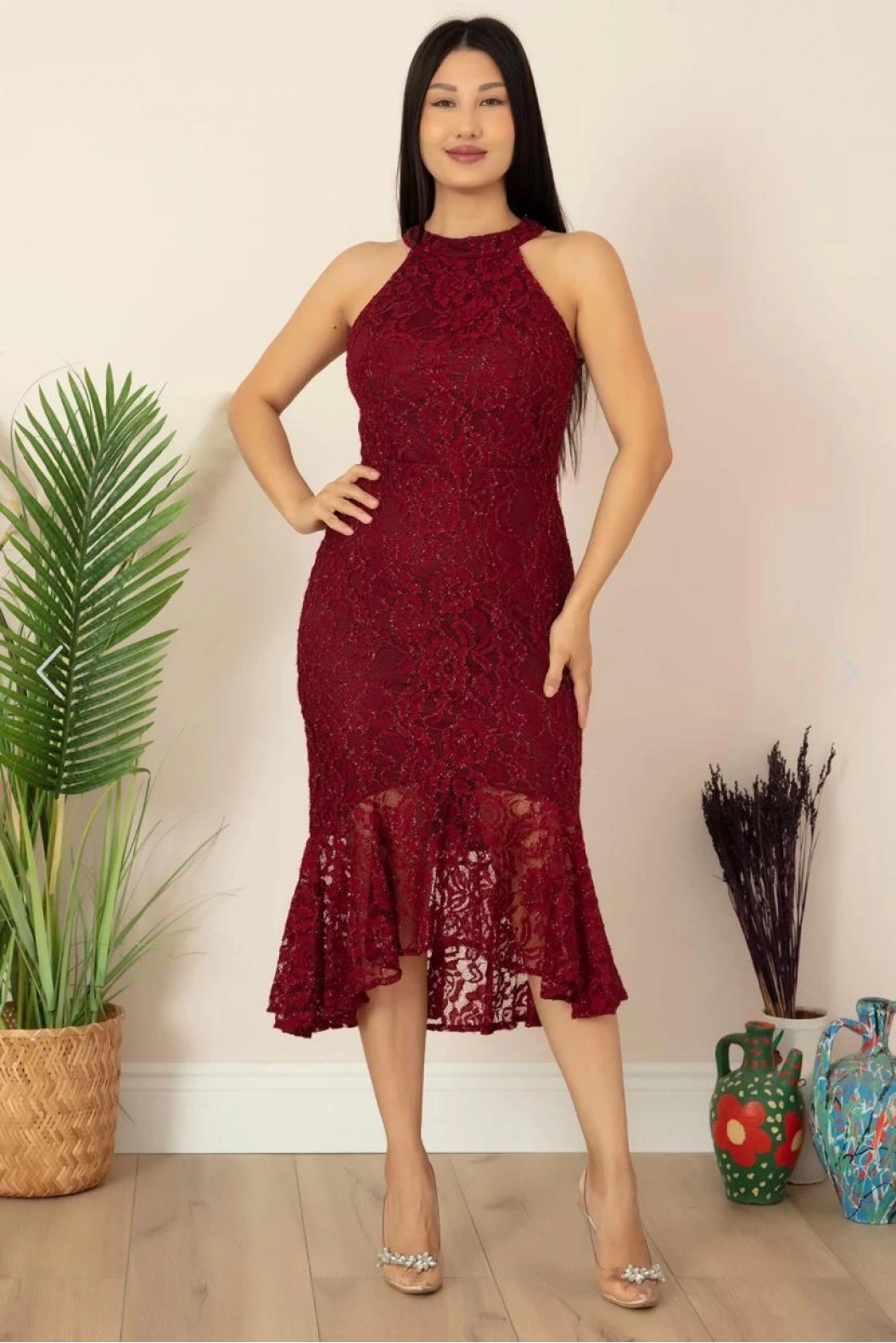 ESPENİCA-SİMLİ HALTER YAKA ELBİSE BORDO