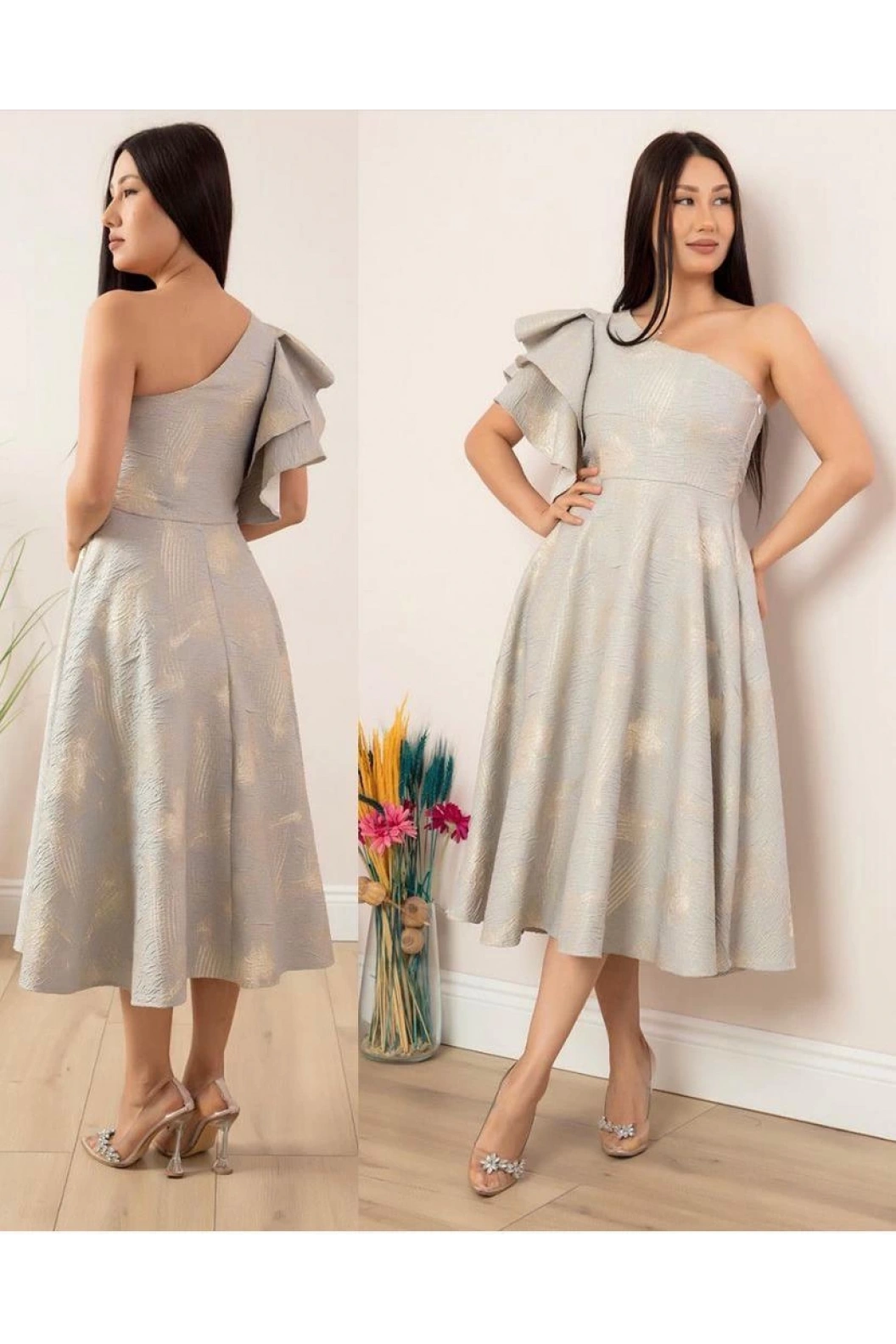 ESPENİCA-TEK OMUZ ELBİSE GRİ