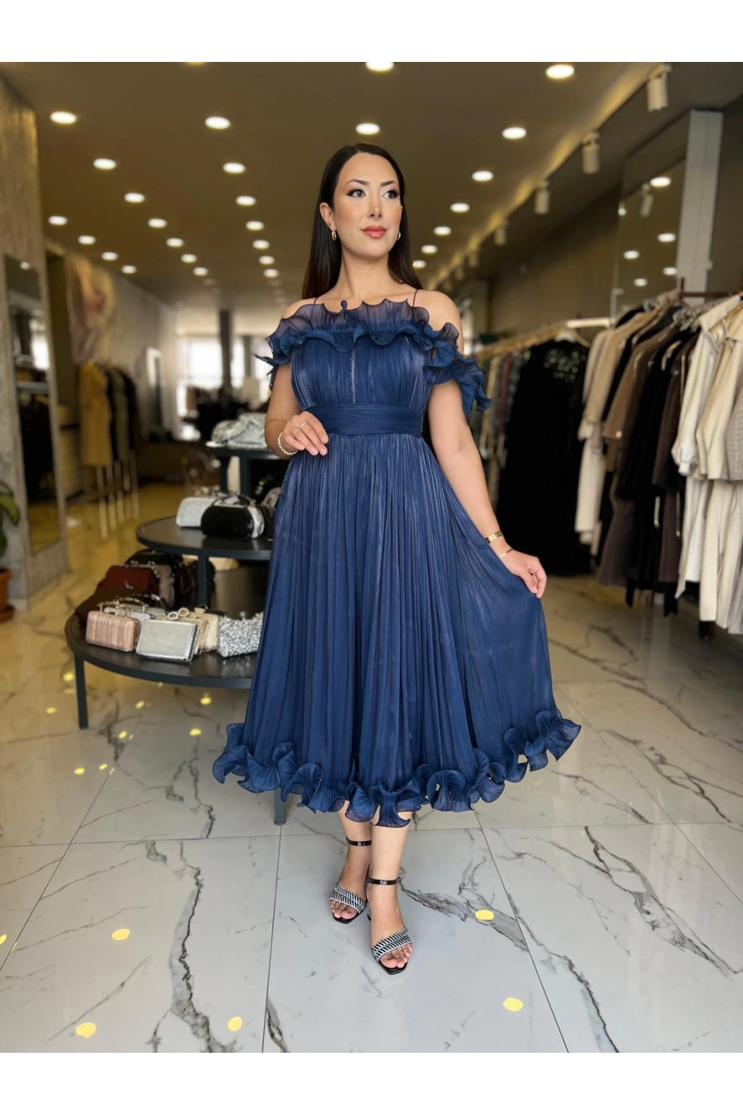 ESPENİCA-VOLAN DETAYLI MİNİ ELBİSE LACİVERT