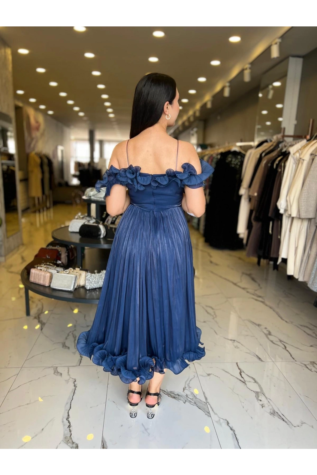 ESPENİCA-VOLAN DETAYLI MİNİ ELBİSE LACİVERT