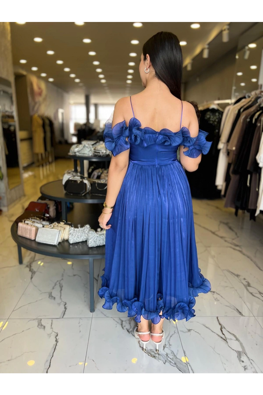 ESPENİCA-VOLAN DETAYLI MİNİ ELBİSE SAKS