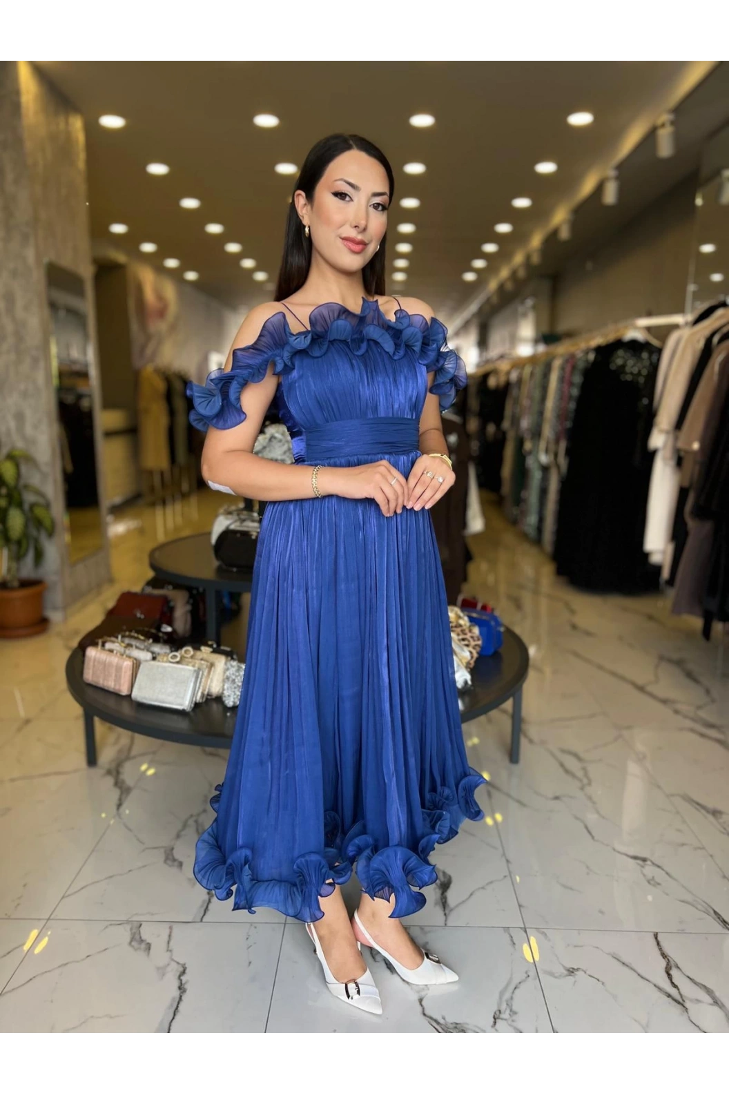 ESPENİCA-VOLAN DETAYLI MİNİ ELBİSE SAKS