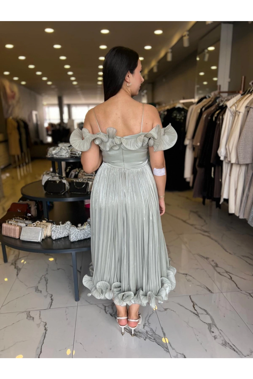 ESPENİCA-VOLAN DETAYLI MİNİ ELBİSE YEŞİL