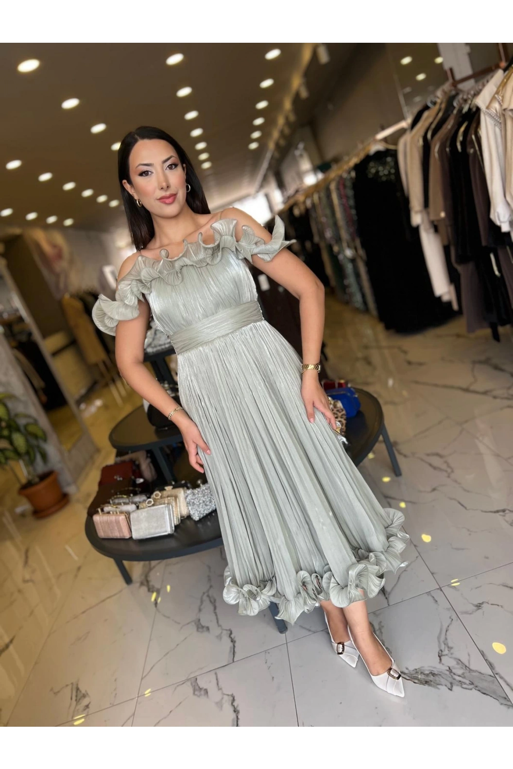 ESPENİCA-VOLAN DETAYLI MİNİ ELBİSE YEŞİL