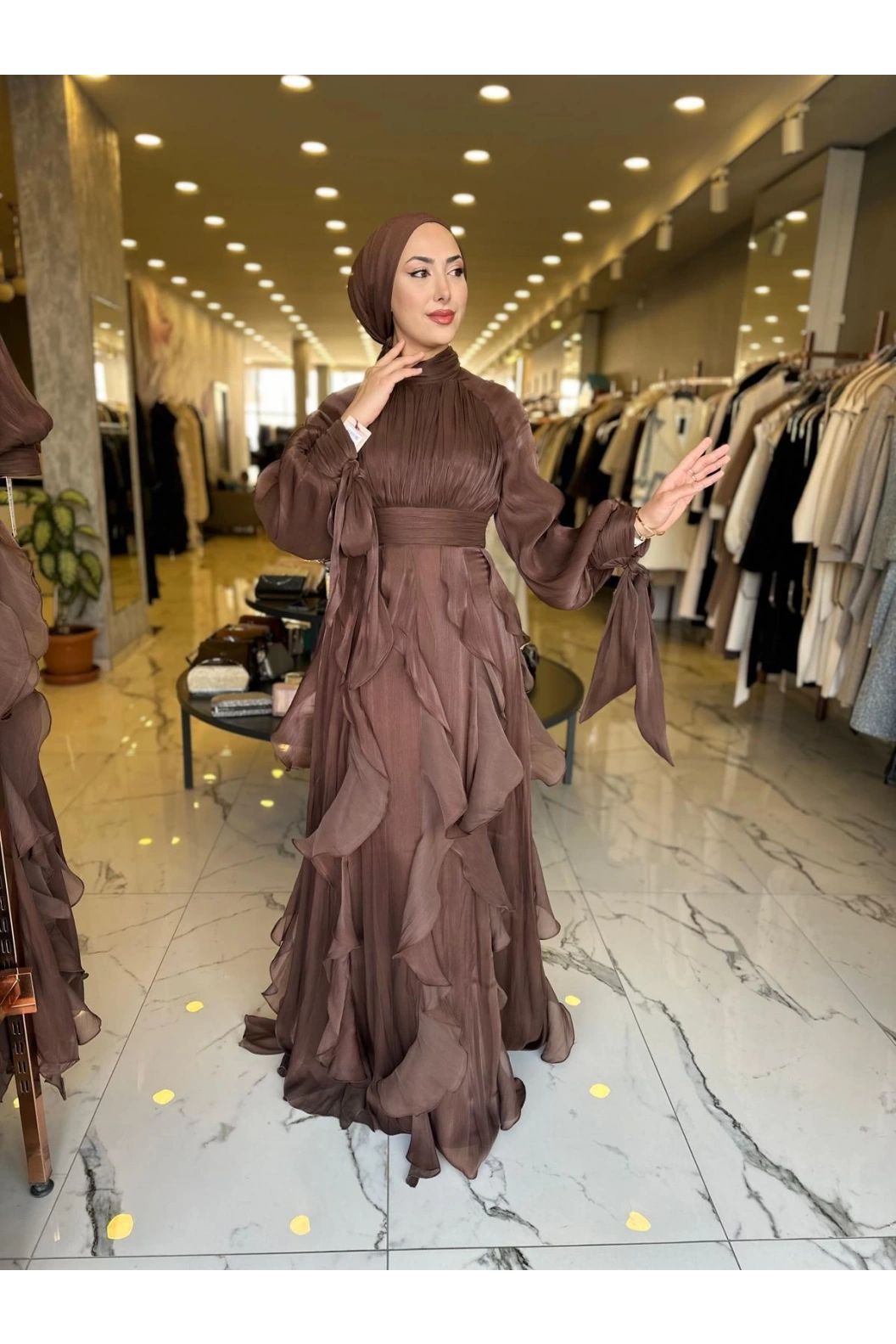 GAMZE ÖZKUL-TÜL DETAY DORA ABİYE KAHVE