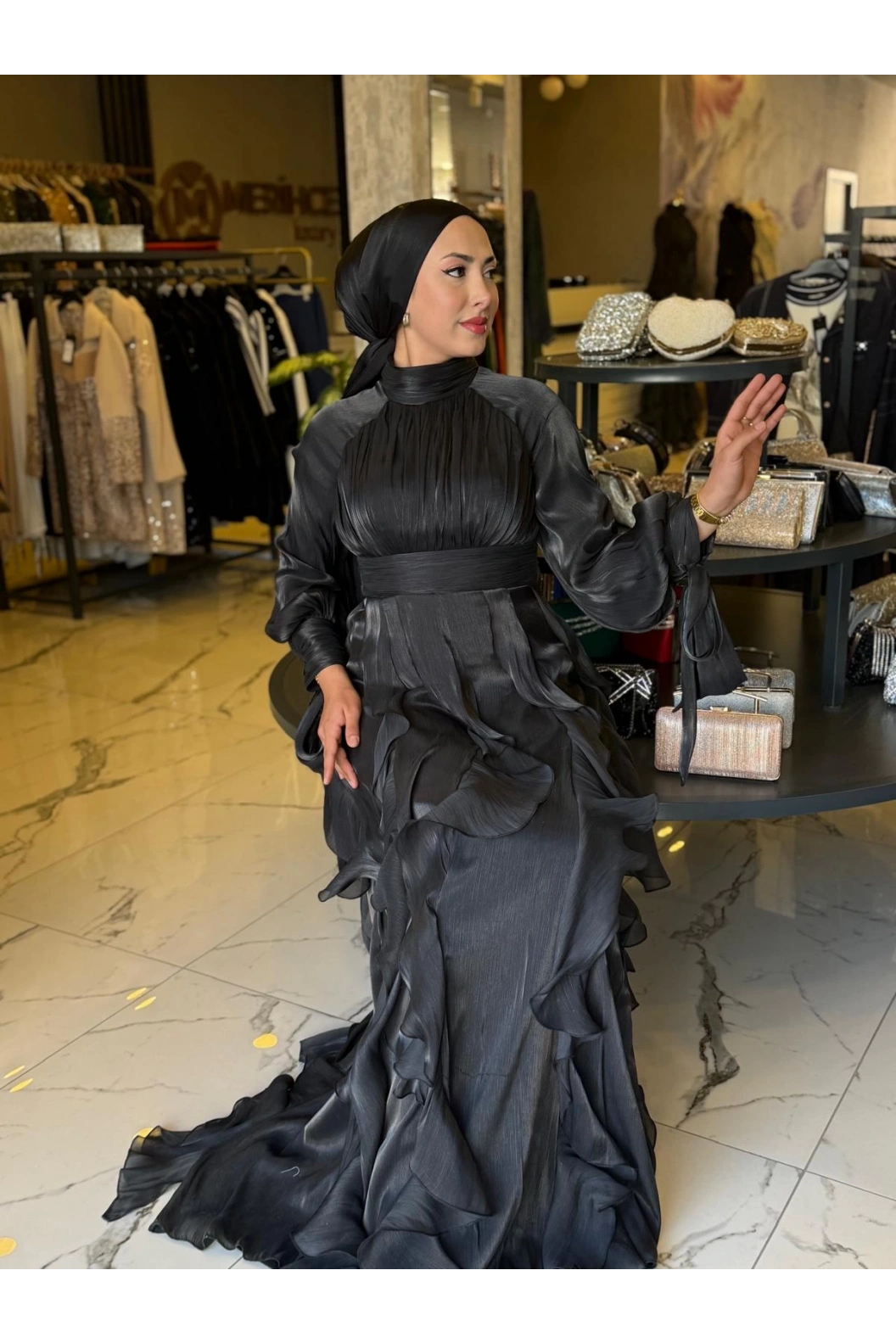 GAMZE ÖZKUL-TÜL DETAY DORA ABİYE SİYAH