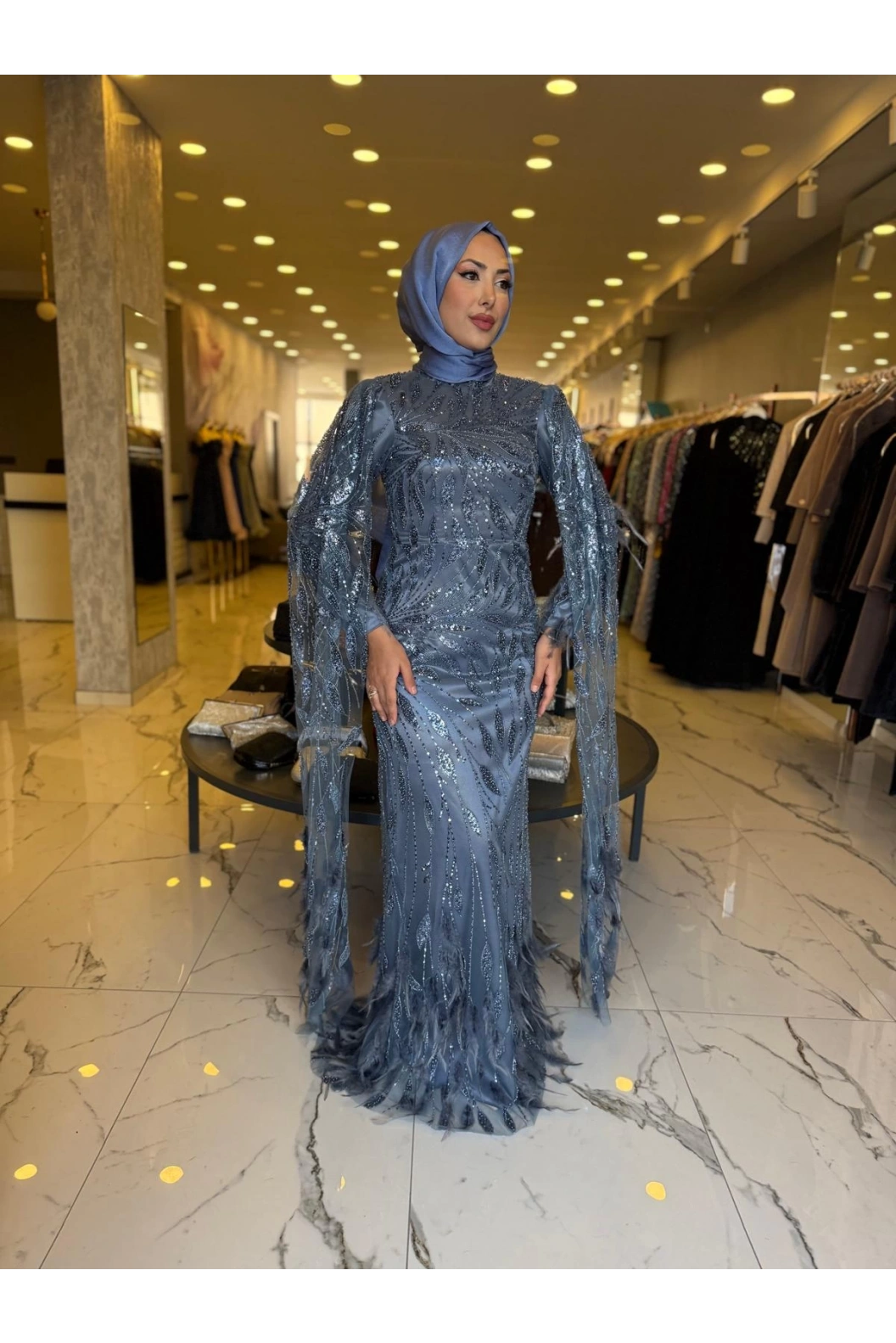 GM8066-KUŞ TÜYLÜ ABİYE İNDİGO