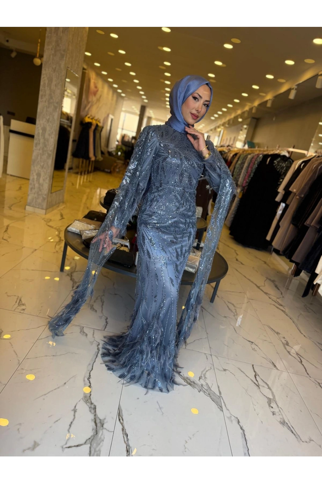 GM8066-KUŞ TÜYLÜ ABİYE İNDİGO