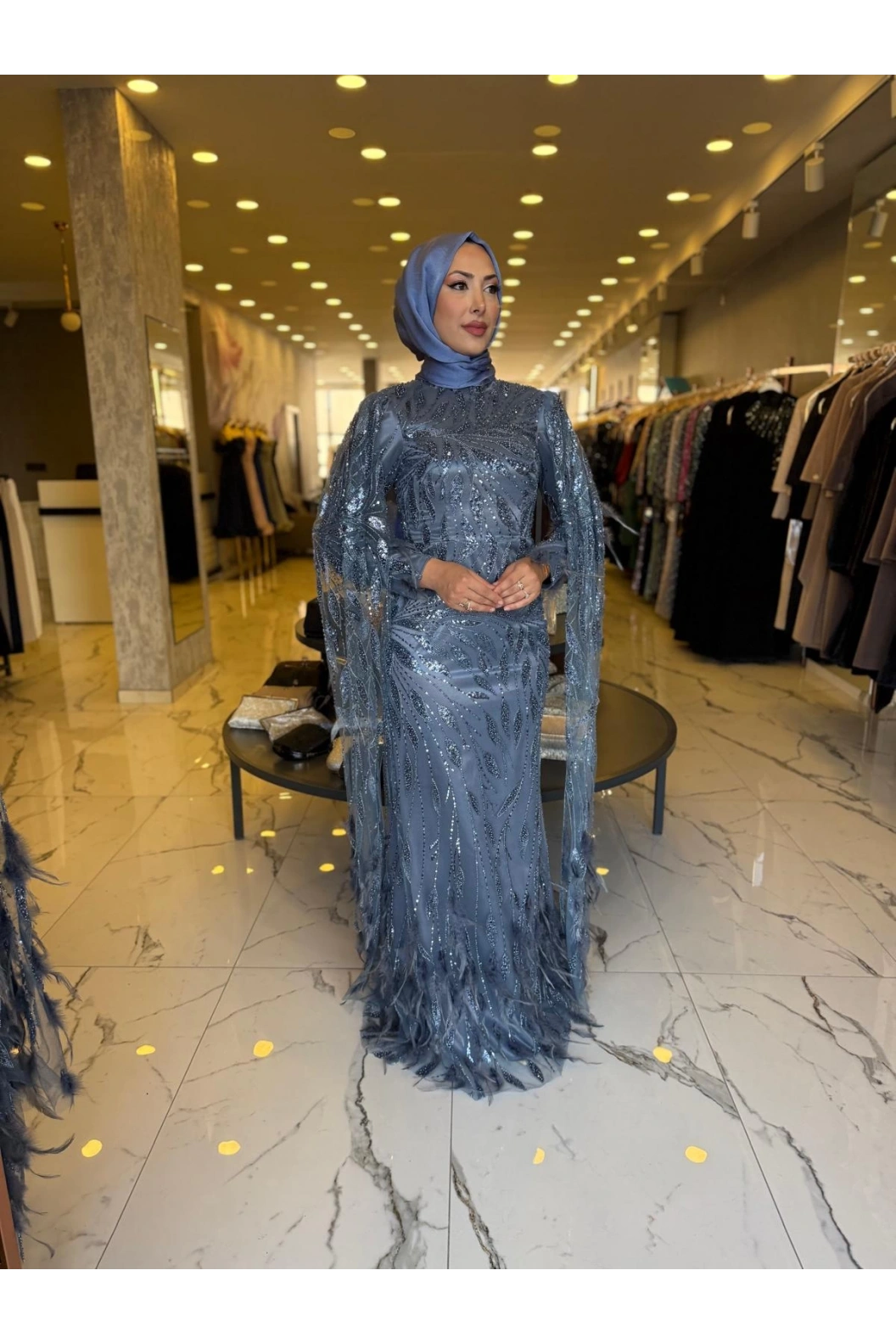 GM8066-KUŞ TÜYLÜ ABİYE İNDİGO