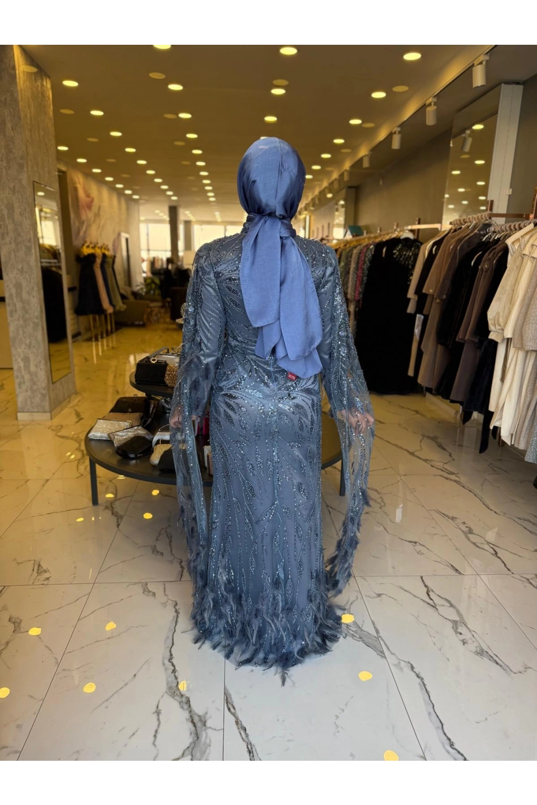 GM8066-KUŞ TÜYLÜ ABİYE İNDİGO