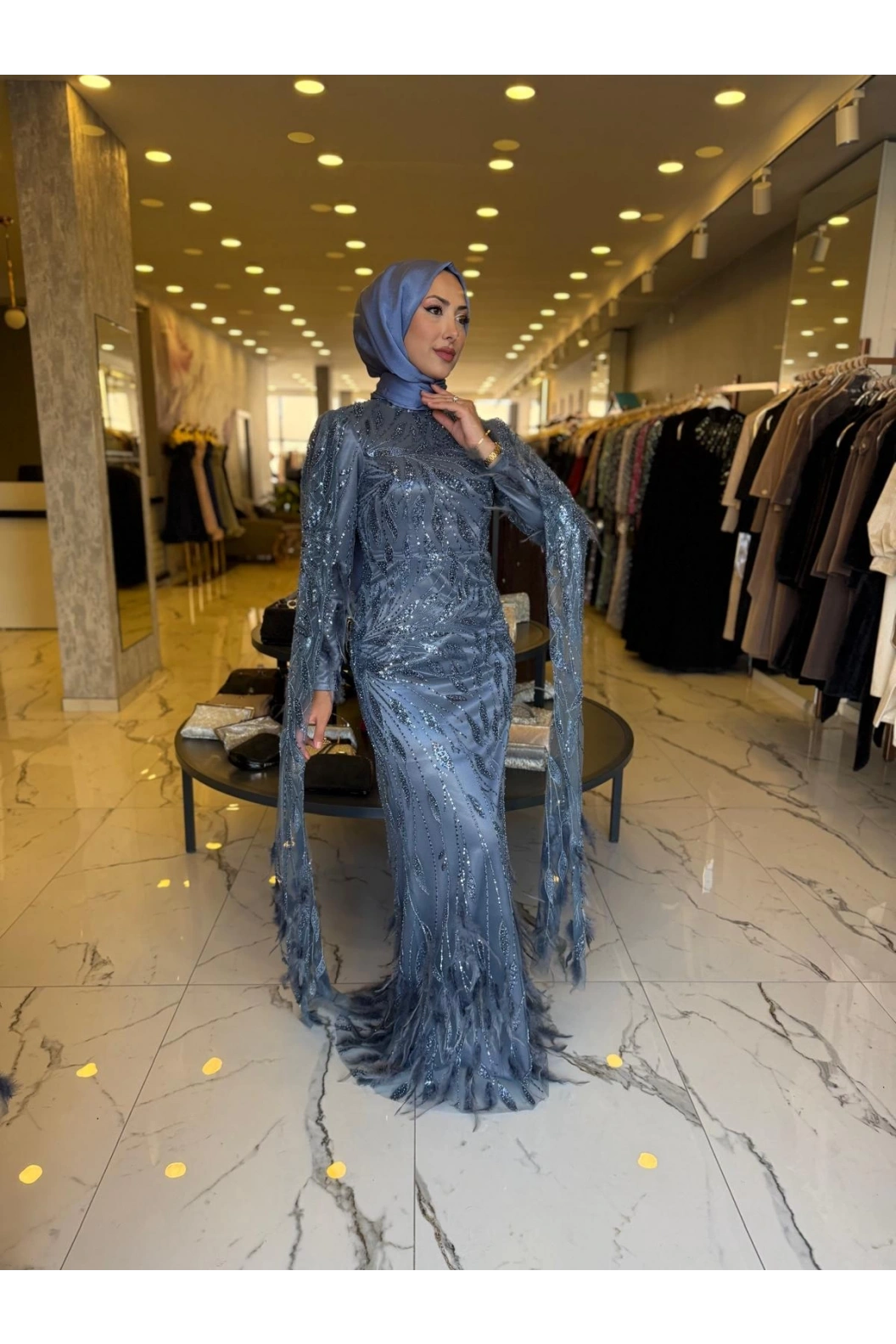 GM8066-KUŞ TÜYLÜ ABİYE İNDİGO