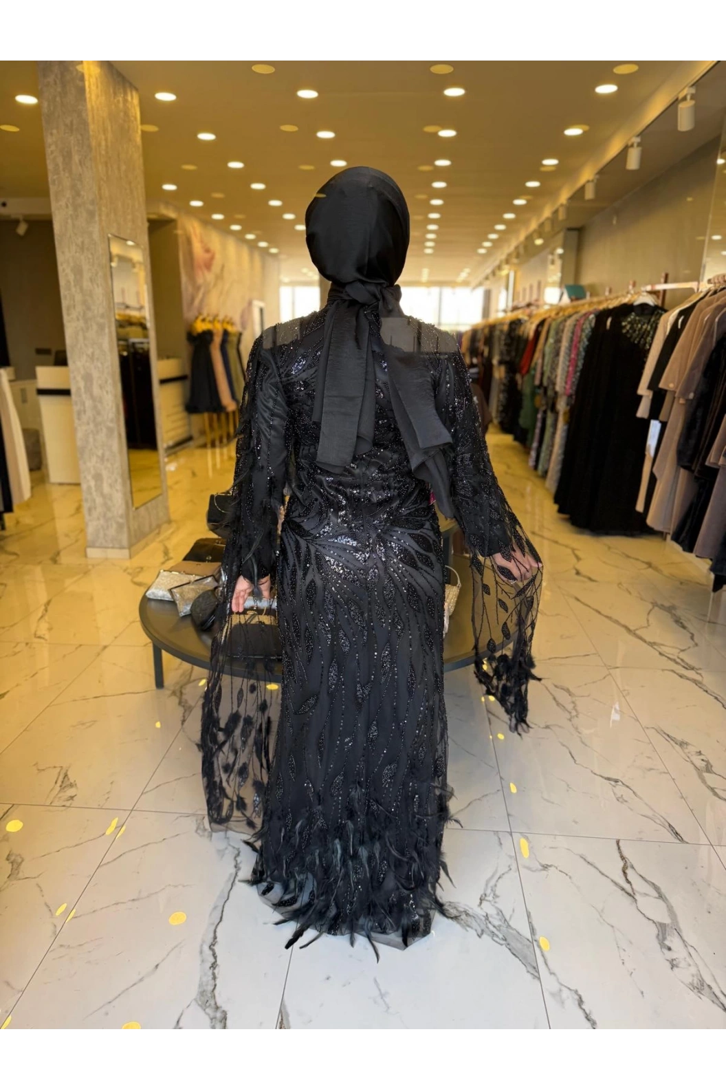 GM8066-KUŞ TÜYLÜ ABİYE SİYAH