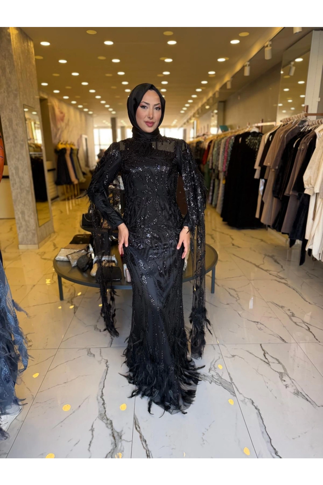 GM8066-KUŞ TÜYLÜ ABİYE SİYAH