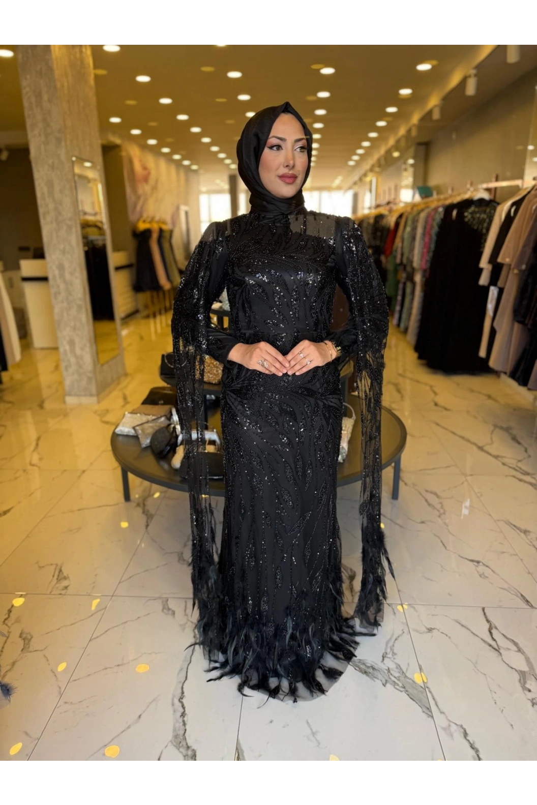 GM8066-KUŞ TÜYLÜ ABİYE SİYAH