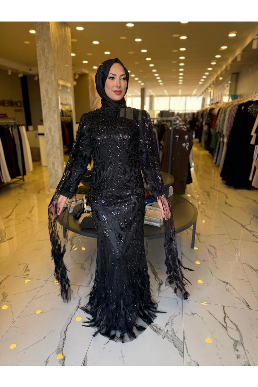 GM8066-KUŞ TÜYLÜ ABİYE SİYAH