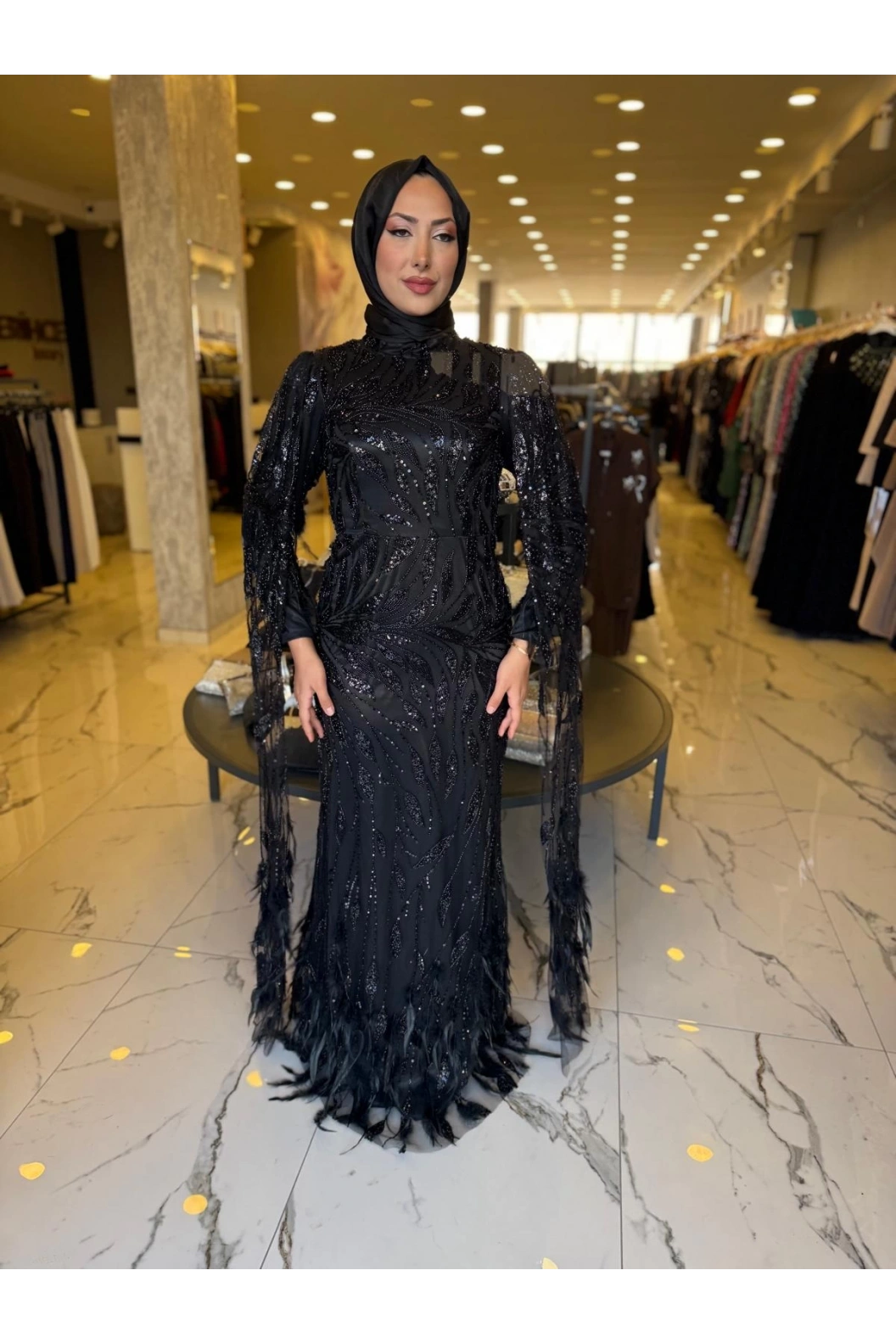 GM8066-KUŞ TÜYLÜ ABİYE SİYAH