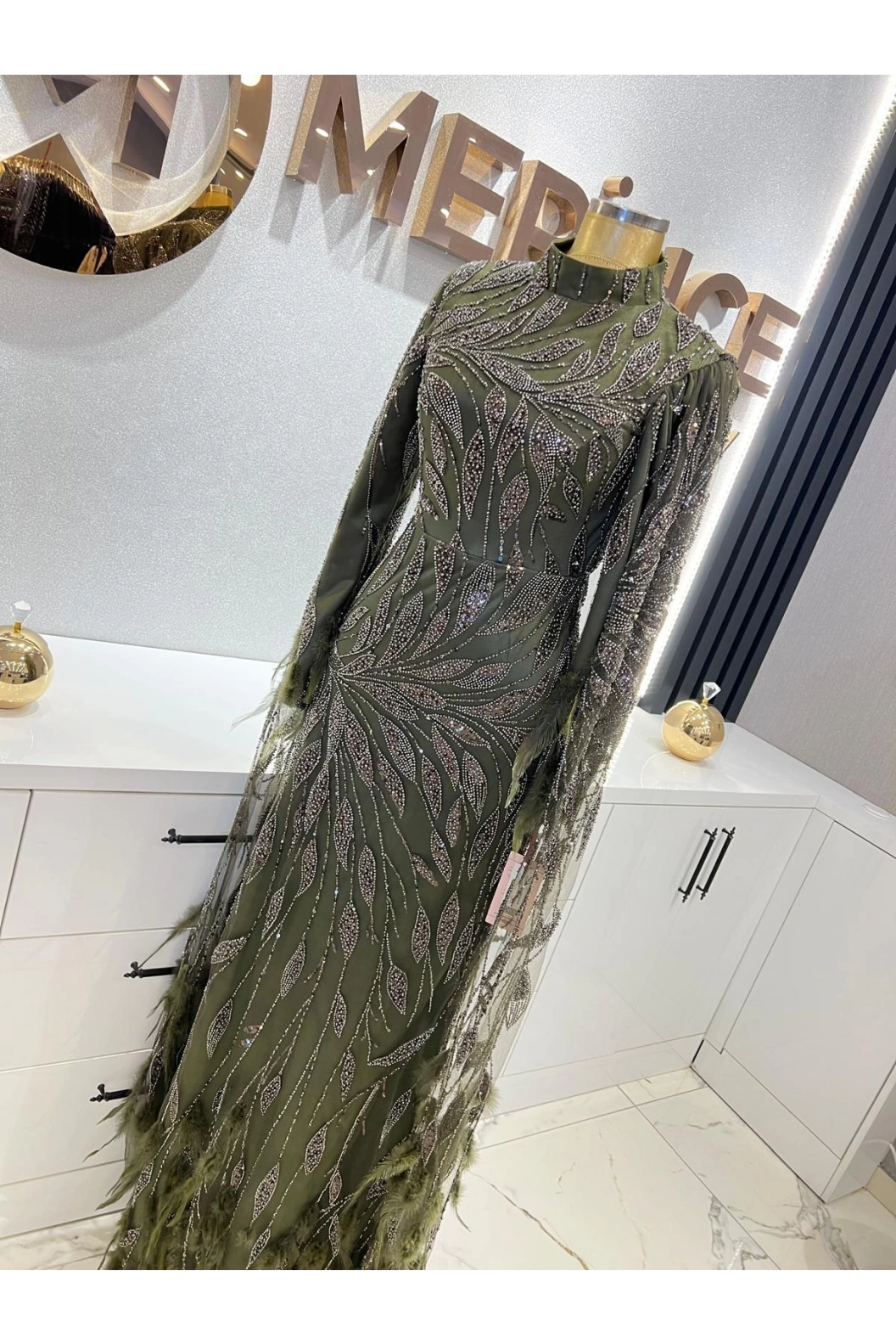 GM8066-KUŞ TÜYLÜ ABİYE YEŞİL