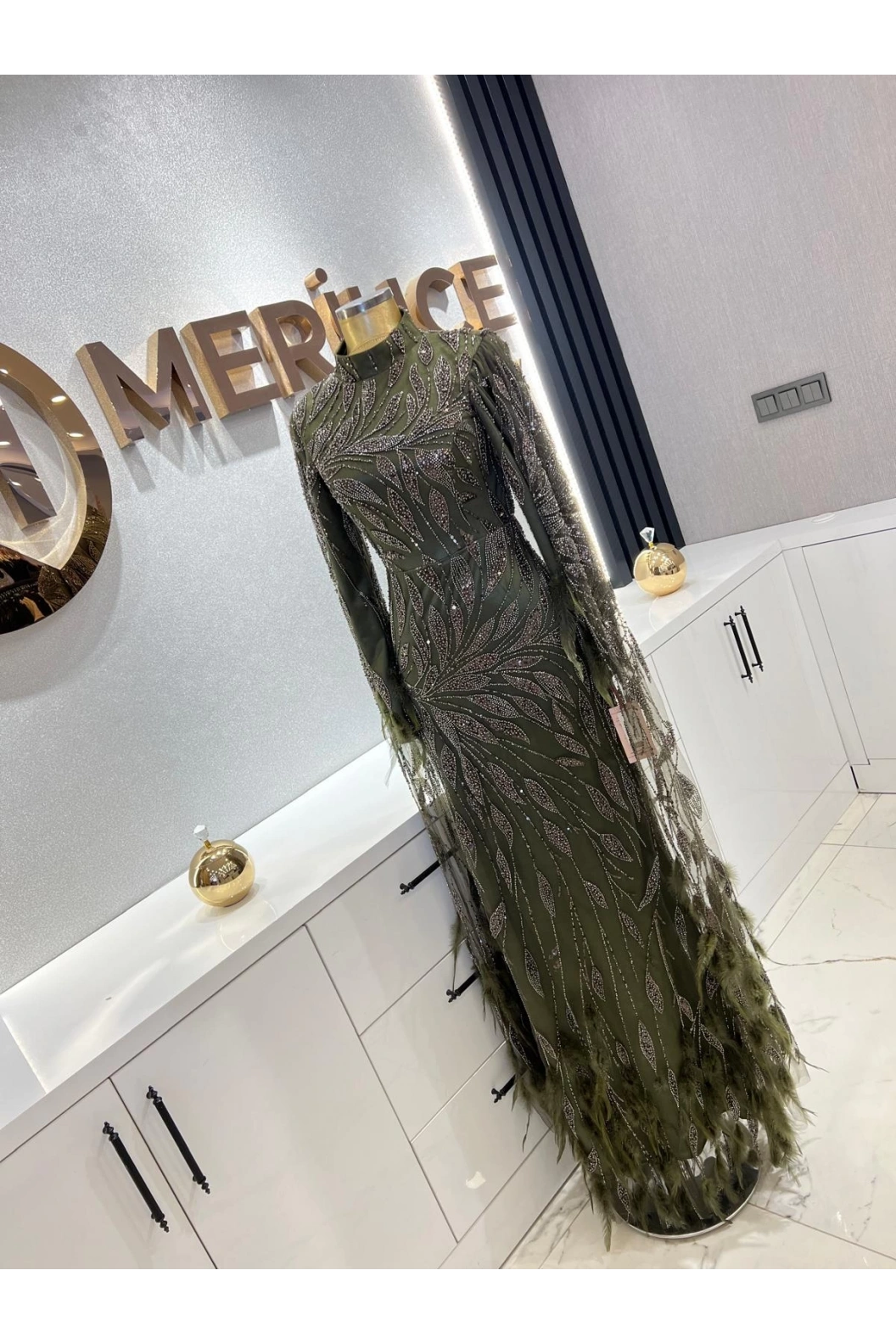 GM8066-KUŞ TÜYLÜ ABİYE YEŞİL