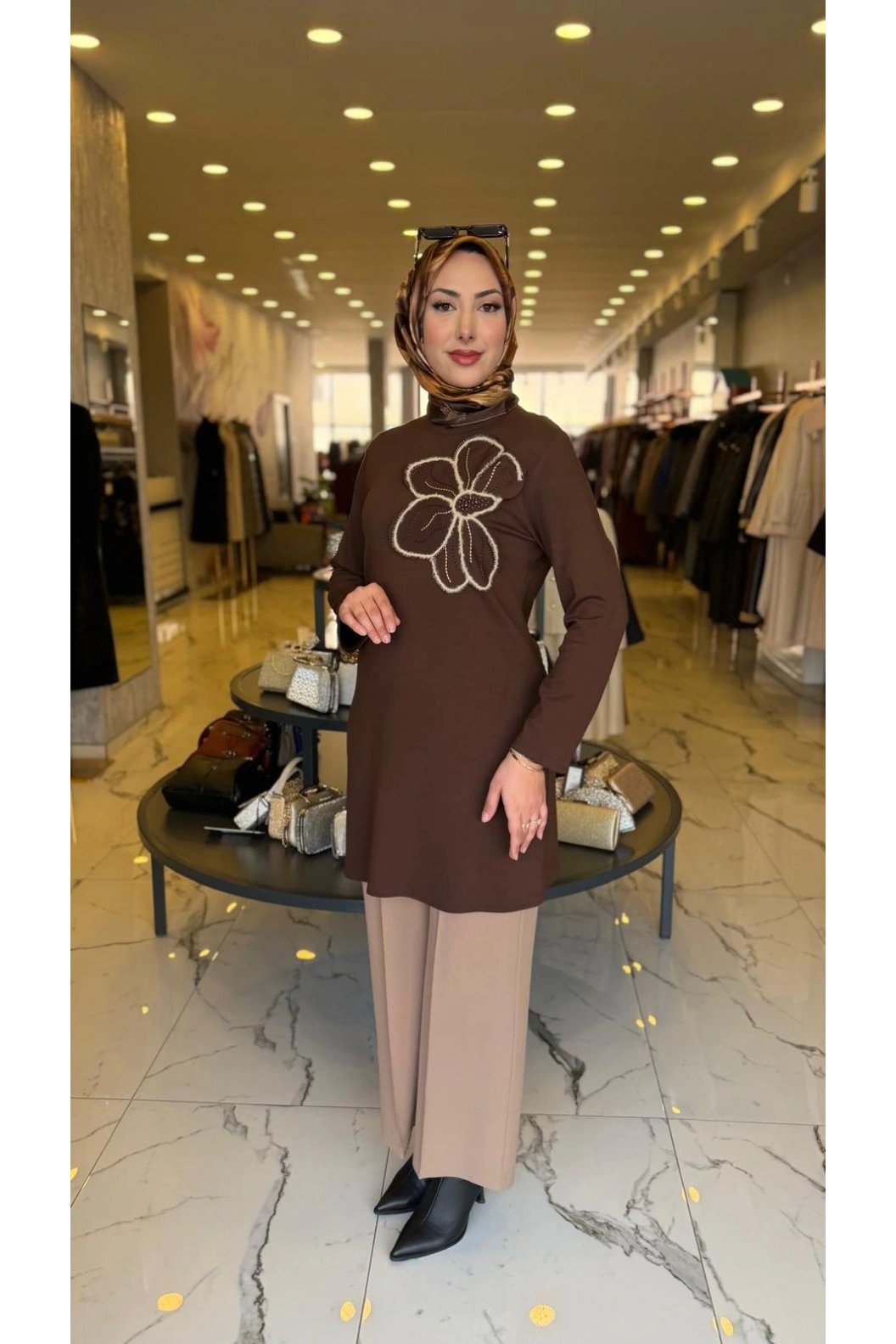 HAYA-ÇİÇEK NAKIŞLI TUNİK KAHVE